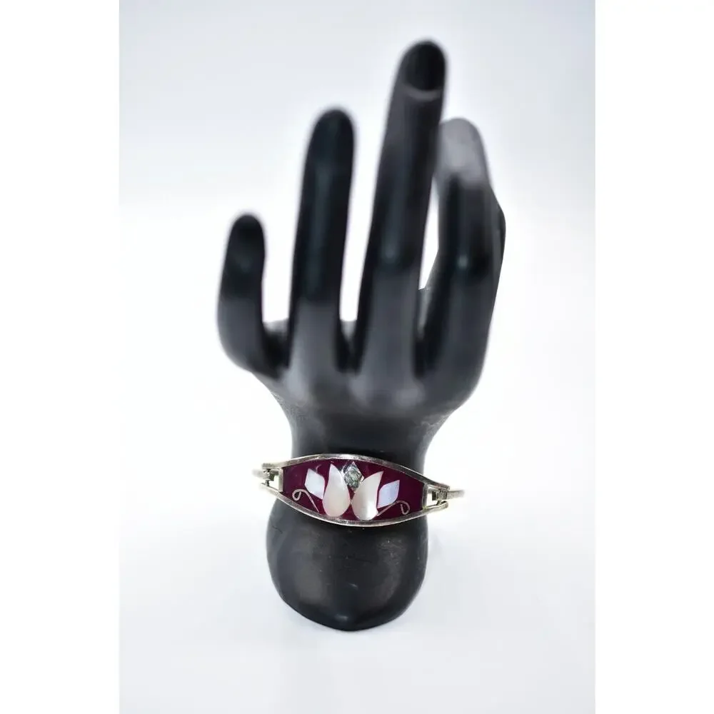 Vintage Bangle Bracelet Mexico Hinged Silver Mother Pearl Inlay Red Enamel Bin2